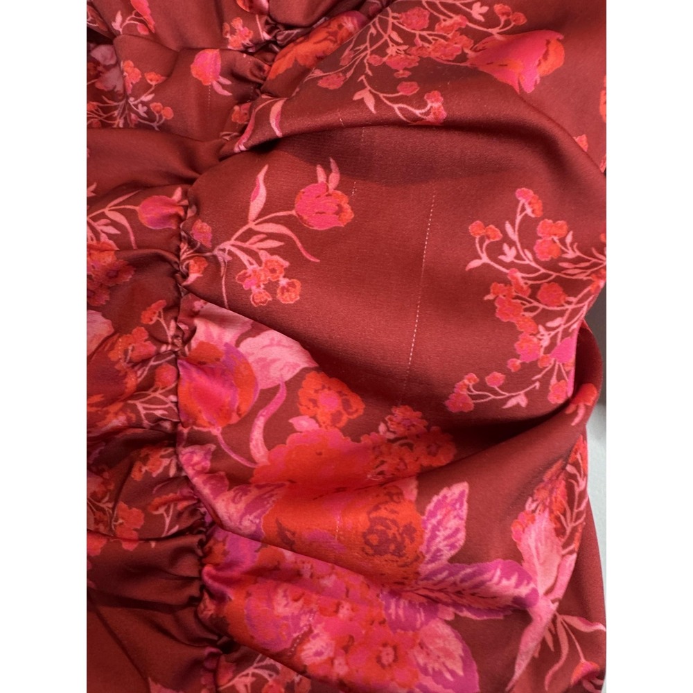 For Love &‎ Lemons Bodysuit Womens Small Red Floral Satin Ruched Puff Sleeve Top - Picture 5 of 10